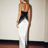 Kaira | Women's Black & White High-Neck Halter Backless Lace Maxi Dress
