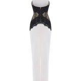 Kaira | Women's Black & White High-Neck Halter Backless Lace Maxi Dress