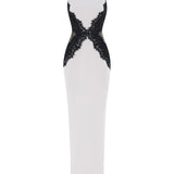 Kaira | Women's Black & White High-Neck Halter Backless Lace Maxi Dress