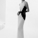 Kaira | Women's Black & White High-Neck Halter Backless Lace Maxi Dress