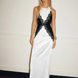 Kaira | Women's Black & White High-Neck Halter Backless Lace Maxi Dress