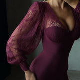 Kate | Women's Burgundy Long Lace Balloon Sleeve Mini Dress