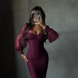 Kate | Women's Burgundy Long Lace Balloon Sleeve Mini Dress