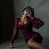 Kate | Women's Burgundy Long Lace Balloon Sleeve Mini Dress