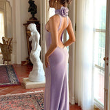 Kayleigh | Women's Lilac Sparkly Backless Floral Detail Maxi Prom Dress