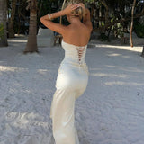 Kinsley | Women's White Satin Strapless Lace Trim Front Slit Maxi Dress