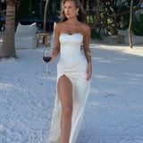 Kinsley | Women's White Satin Strapless Lace Trim Front Slit Maxi Dress