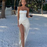 Kinsley | Women's White Satin Strapless Lace Trim Front Slit Maxi Dress