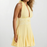 Magnolia | Women's Yellow Halter V-Neck Backless Mini Summer Dress
