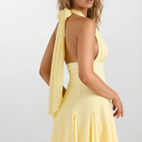 Magnolia | Women's Yellow Halter V-Neck Backless Mini Summer Dress