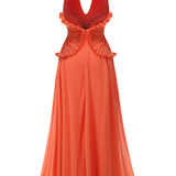 Marlowe | Women's Orange Halter Ruffle A-Line Maxi Wedding Guest Dress
