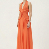 Marlowe | Women's Orange Halter Ruffle A-Line Maxi Wedding Guest Dress