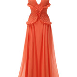 Marlowe | Women's Orange Halter Ruffle A-Line Maxi Wedding Guest Dress