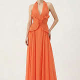 Marlowe | Women's Orange Halter Ruffle A-Line Maxi Wedding Guest Dress