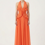Marlowe | Women's Orange Halter Ruffle A-Line Maxi Wedding Guest Dress