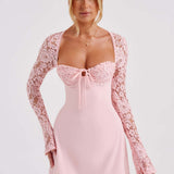 Noemi | Women's Pink Long Lace Sleeves Mini Summer Dress