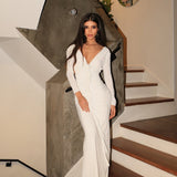 Paulina | Women's White Long Sleeve V-Neck Bodycon Maxi Dress