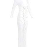 Paulina | Women's White Long Sleeve V-Neck Bodycon Maxi Dress