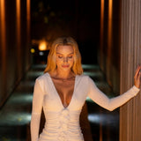 Paulina | Women's White Long Sleeve V-Neck Bodycon Maxi Dress