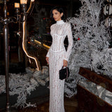 Raina | Women's White High-Neck Long-Sleeve Corset-Inspired Lace Maxi Dress