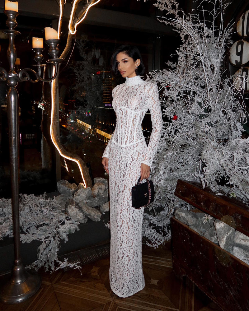 Raina | Women's White High-Neck Long-Sleeve Corset-Inspired Lace Maxi Dress
