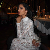 Raina | Women's White High-Neck Long-Sleeve Corset-Inspired Lace Maxi Dress