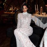 Raina | Women's White High-Neck Long-Sleeve Corset-Inspired Lace Maxi Dress