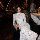 Raina | Women's White High-Neck Long-Sleeve Corset-Inspired Lace Maxi Dress