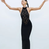 Rayna | Women's Black High-Neck Sleeveless Backless Lace Bodycon Maxi Dress