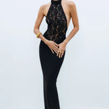 Rayna | Women's Black High-Neck Sleeveless Backless Lace Bodycon Maxi Dress