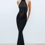 Rayna | Women's Black High-Neck Sleeveless Backless Lace Bodycon Maxi Dress