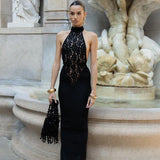 Rayna | Women's Black High-Neck Sleeveless Backless Lace Bodycon Maxi Dress
