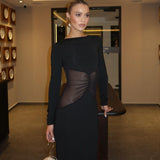 Romina | Women's Black Longsleeve Mesh Bodycon Maxi Dress