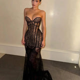Serenity | Women's Black Strapless Lace Bustier Corset Maxi Dress