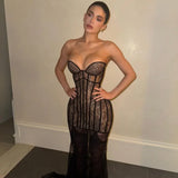 Serenity | Women's Black Strapless Lace Bustier Corset Maxi Dress