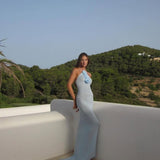Tara | Women's Blue Floral Halter Maxi Summer Dress