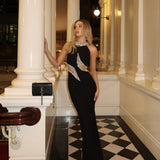 Tyra | Women's Black Crystal Cut-Out Halterneck Maxi Party Dress