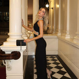 Tyra | Women's Black Crystal Cut-Out Halterneck Maxi Party Dress