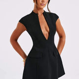 Benthe | Women's Black Elegant Mini Dress with Deep V-neckline
