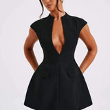 Benthe | Women's Black Elegant Mini Dress with Deep V-neckline