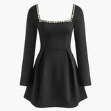 Frankie | Women's Black Longsleeve Mini Party Dress with Pearl Details