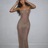 Gigi | Women's Strapless Glitter Mesh Maxi Party Dress