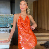 Livia | Women's Orange Sleeveless Sequin Mini Summer Party Dress