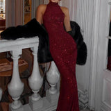 Mae | Women's Sleeveless Halter Neck Sequin Maxi Party Dress