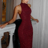 Mae | Women's Sleeveless Halter Neck Sequin Maxi Party Dress