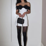 Micky | Women's White & Black Off-shoulder Mini Cocktail Dress with Bow