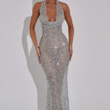 Noé | Women's Silver Sequin Maxi Party Dress with Halterneck