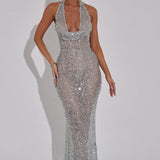 Noé | Women's Silver Sequin Maxi Party Dress with Halterneck