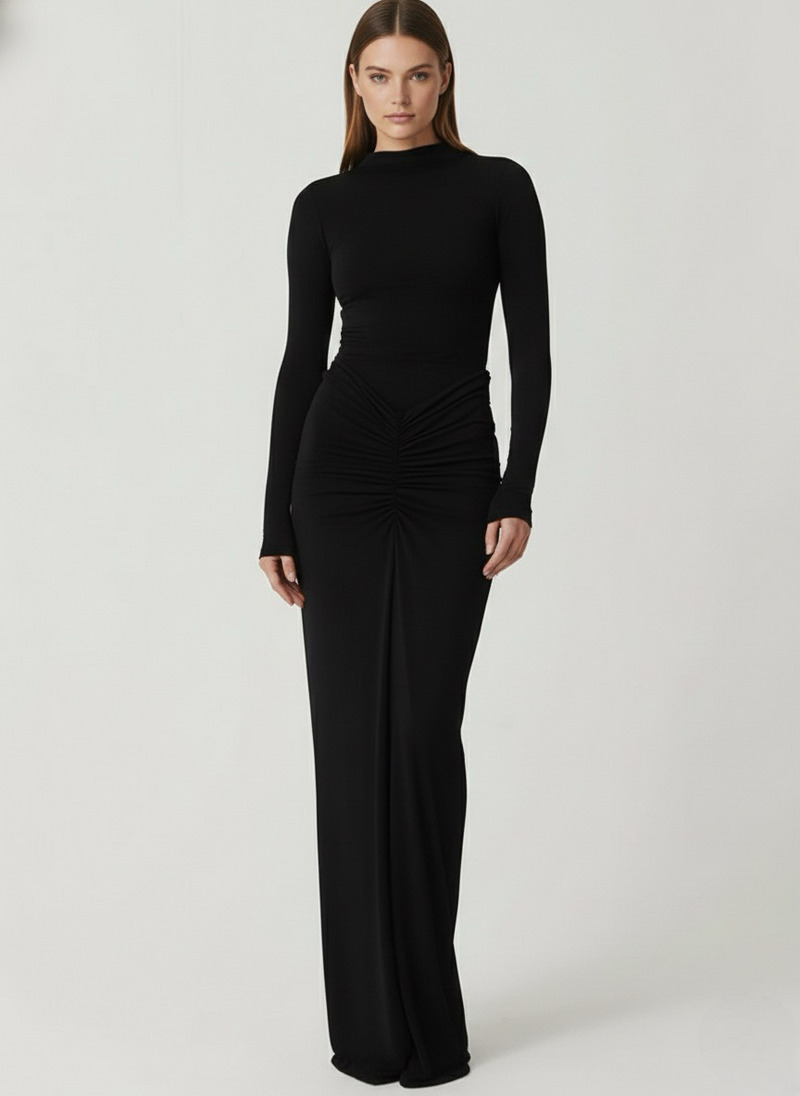 Gilded | Classy Ruched Long Sleeve Mock Neck Maxi Dress