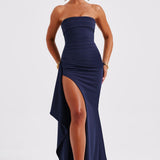 Meadow | Strapless Ruched Crepe Thigh-High Split Maxi Dress